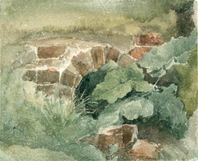 David Cox watercolour sketch burdock and drainage tunnel.