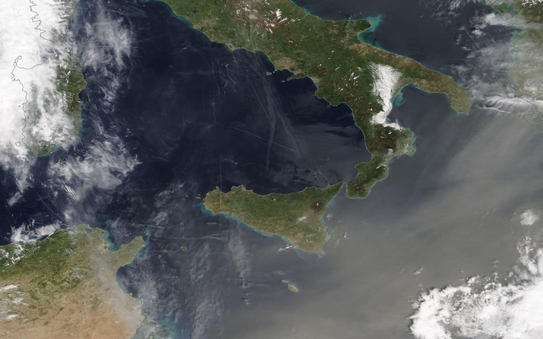 chemtrails Tyrrhenian Sea 24 April 2019 .... https://go.nasa.gov/2UZgpKi ... note with even slight mag we can see lots of chemtrail