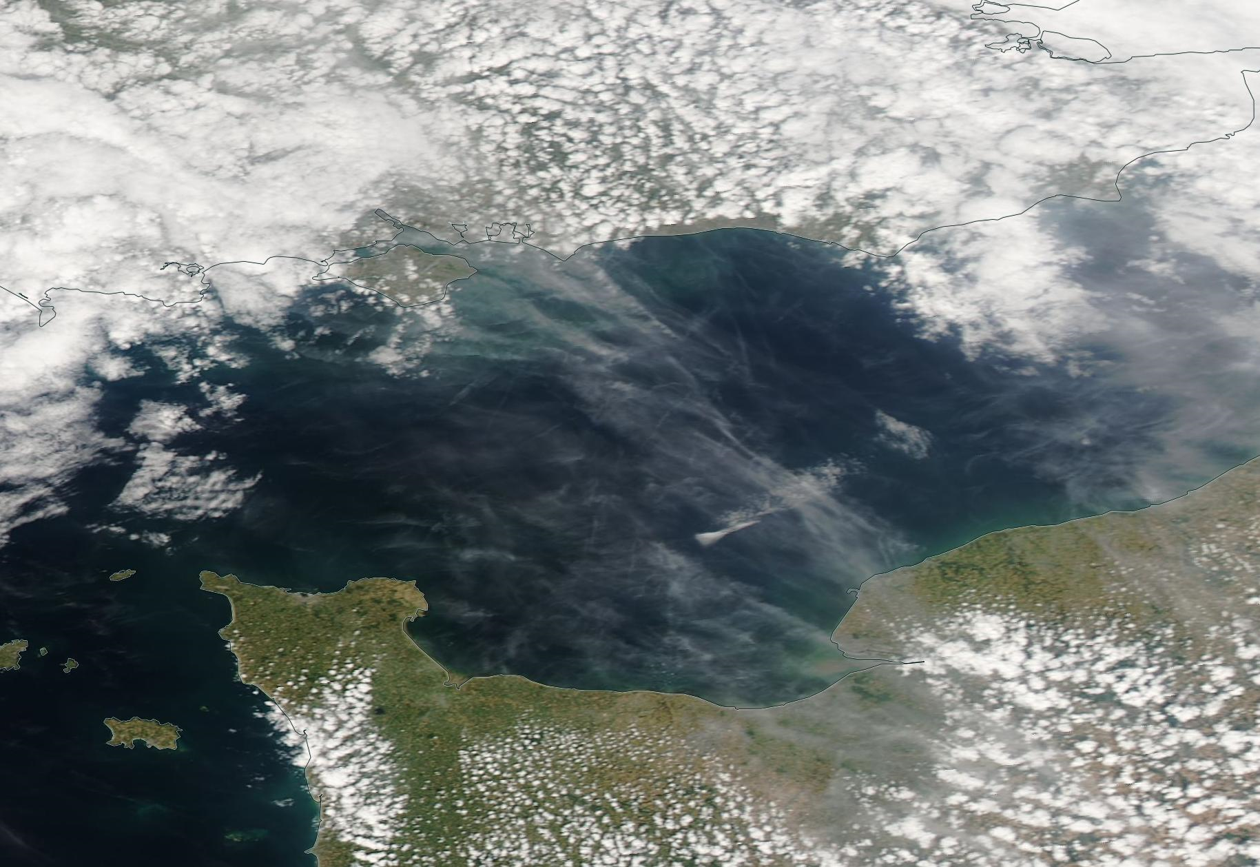 Le Havre, Dieppe, English Channel chemtrail geoengineering 13 July 2019. https://go.nasa.gov/2JKyYcM