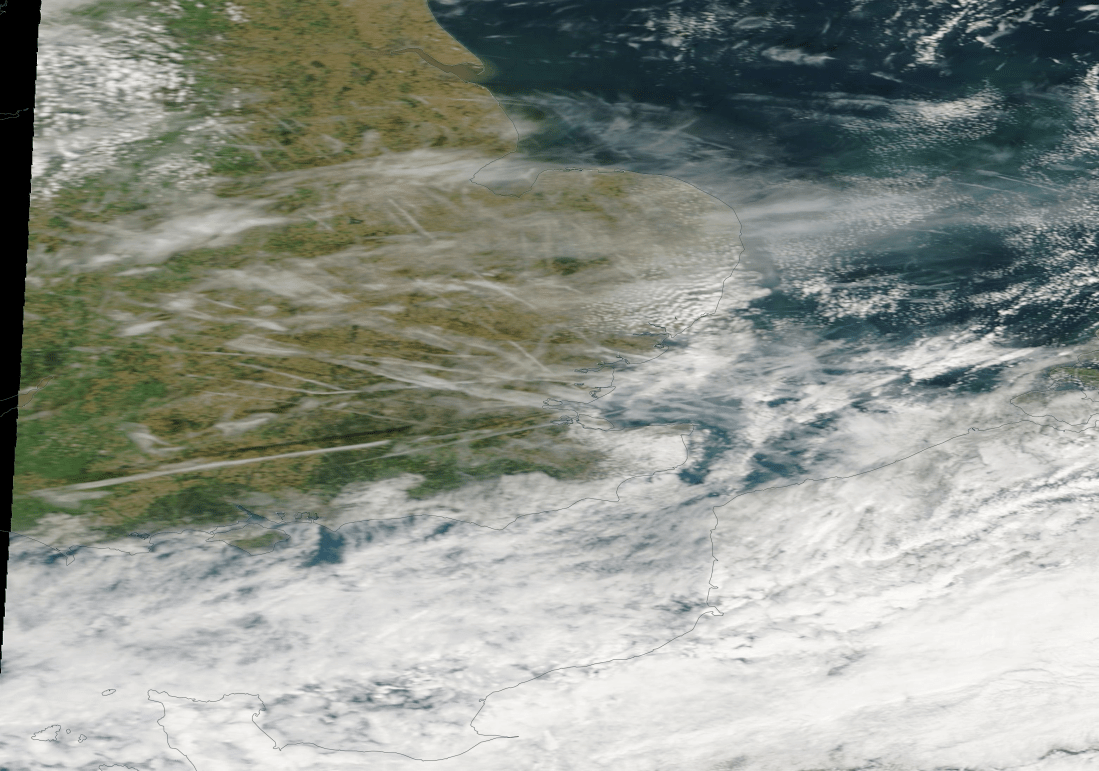 Six hours later this chemtrail pic was replaced at NASA Worldview to one with far less number of chemtrails. England chemtrails Fri 13th 2019 1440 hrs