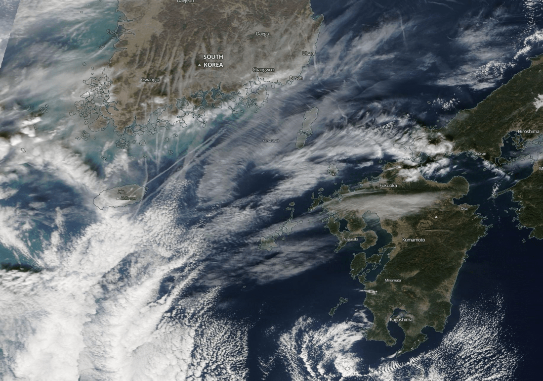 South Korea, Nagasaki, Busan, Ulsan, probable chemtrail geoengineering. Friday 13th Dec 2019. https://go.nasa.gov/2PILEEc