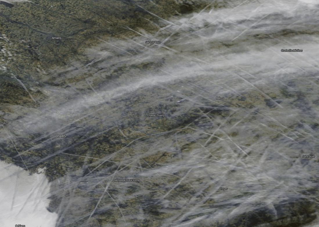 Chemtrails above Paris and Rheims, France. 31 Dec 2019. https://go.nasa.gov/37rVVM9