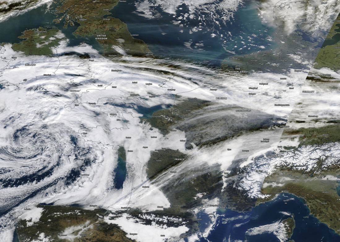 Chemtrails over Europe, UK, France, Luxembourg, Germany. Tuesday 31 Dec 2019. https://go.nasa.gov/35f4Vm8